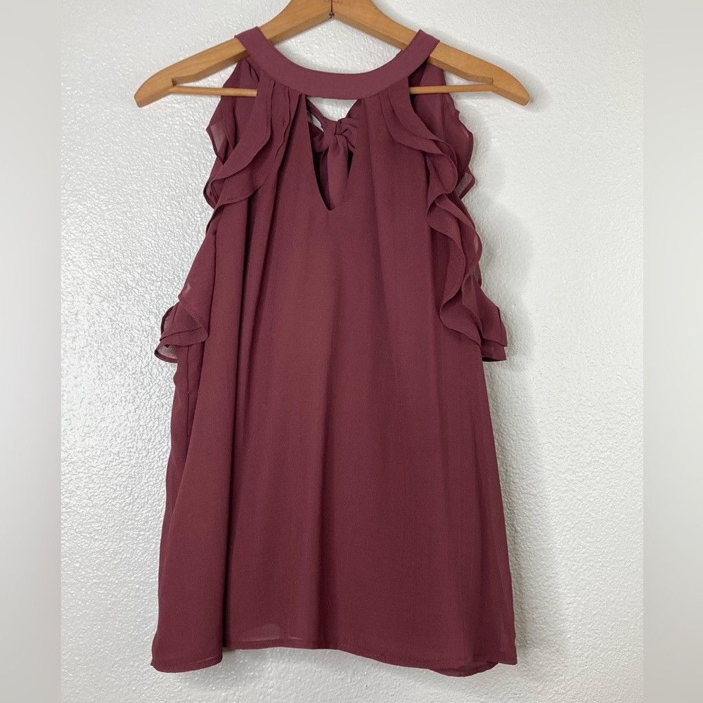 MISS CHIEVOUS  Sleeveless Blouse Ruffles Peek A Boo VNeck Flowy Tie Back